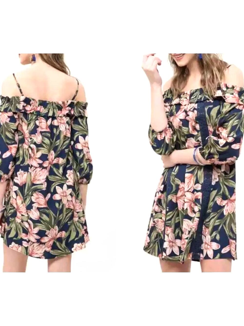 Blu Pepper Cold Shoulder Floral Dress Size M Tropical Off Shoulder Dress